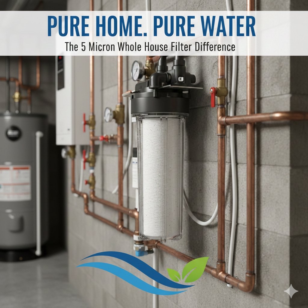 A professional 5 micron whole house water filter system installed in a modern basement. This high-quality sediment filtration solution from a leading PP cotton household water purifier company ensures clean, pure water for every tap in your home. Perfect for removing rust and sand.