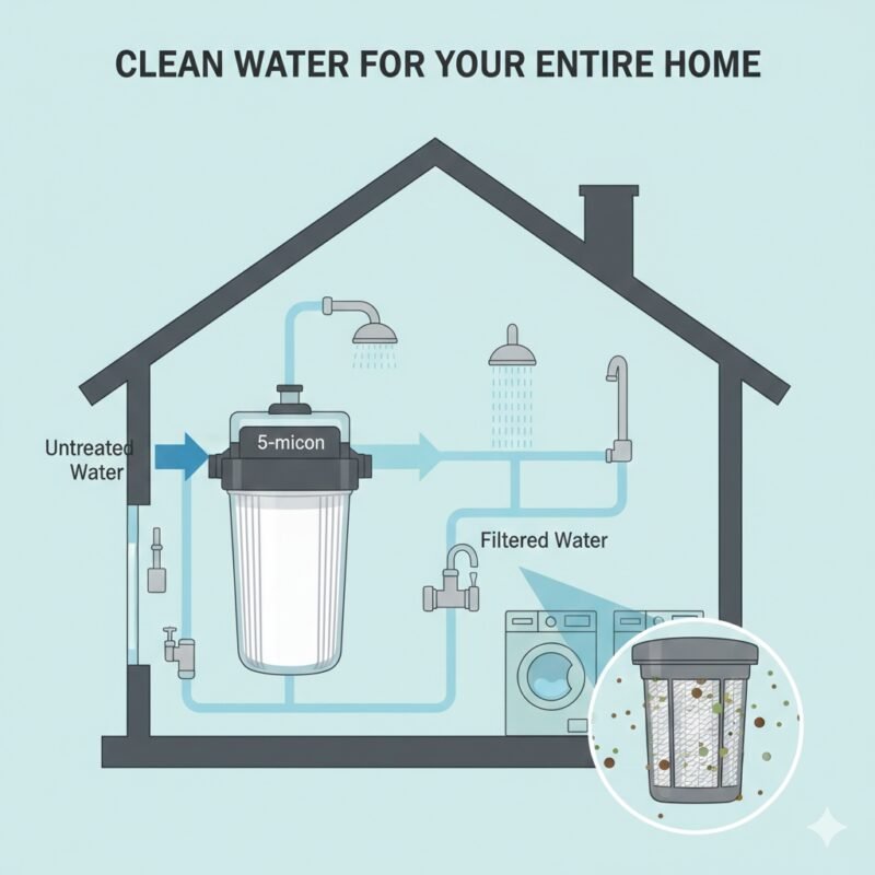 Detailed view of a transparent 5 micron whole house water filter housing showing a clean PP cotton cartridge. As a trusted PP cotton household water purifier company, we provide effective filtration to protect your family's health and plumbing from fine particles.