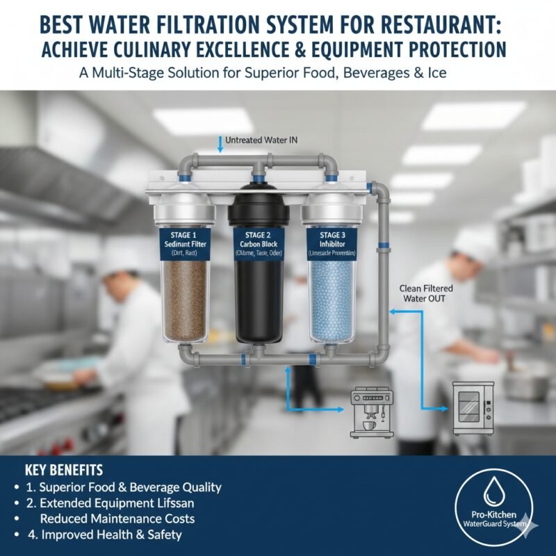 The best water filtration system for restaurant use, featuring a glass of crystal clear water in a cafe setting, provided by an expert pp cotton household water purifier company.