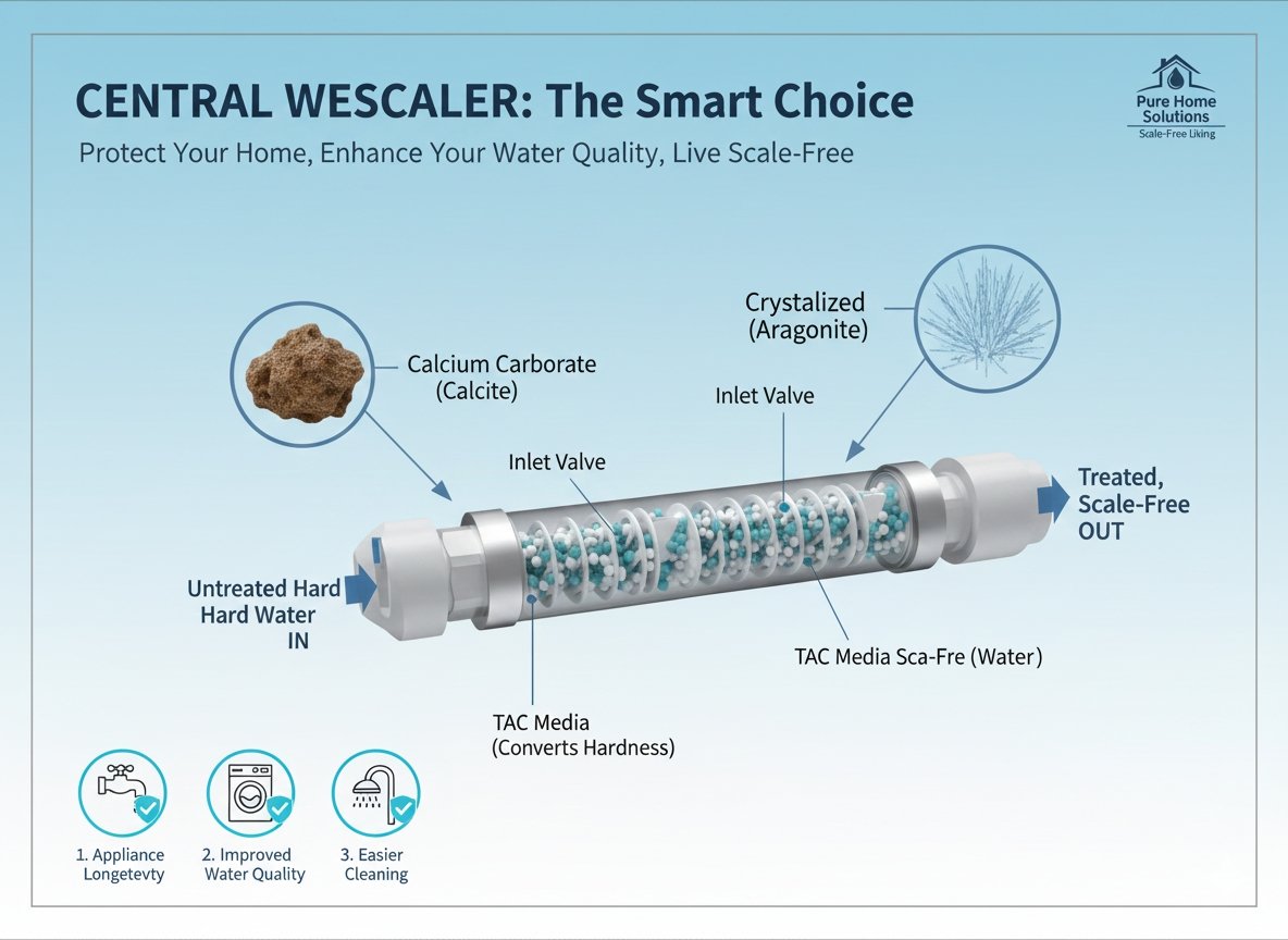 Close-up of a central water descaler unit attached to main pipes providing salt-free water softening, engineered by a leading pp cotton household water purifier company.