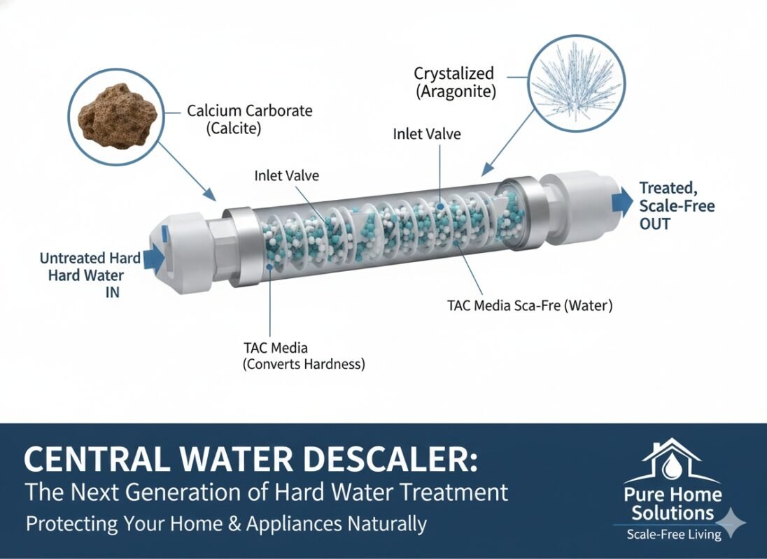 High-tech central water descaler with blue lighting showing water molecule restructuring to prevent scale buildup, by a professional pp cotton household water purifier company.