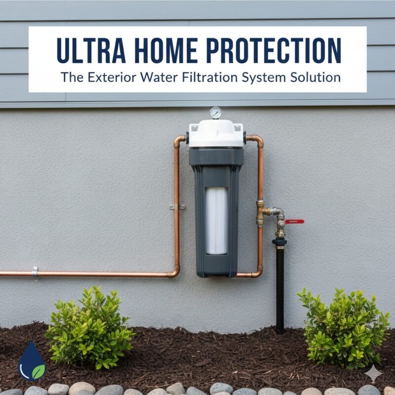 A heavy-duty exterior water filtration system mounted on a house wall. As a professional PP cotton household water purifier company, we provide weather-resistant solutions to filter sediment before water enters your home.