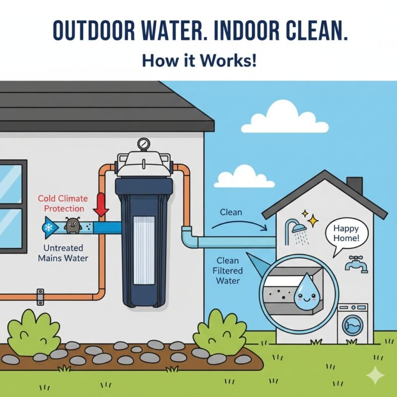Illustrative diagram of an exterior water filtration system showing how it cleans untreated mains water. This PP cotton household water purifier company system ensures a happy home with clean water for laundry and bathing.