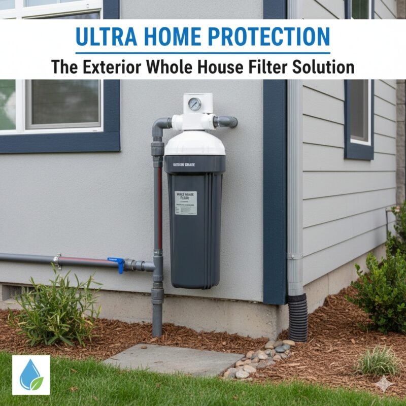 A durable exterior whole house water filter system installed on an outside wall. Provided by a leading PP cotton household water purifier company, this system protects your home's water supply from the source.