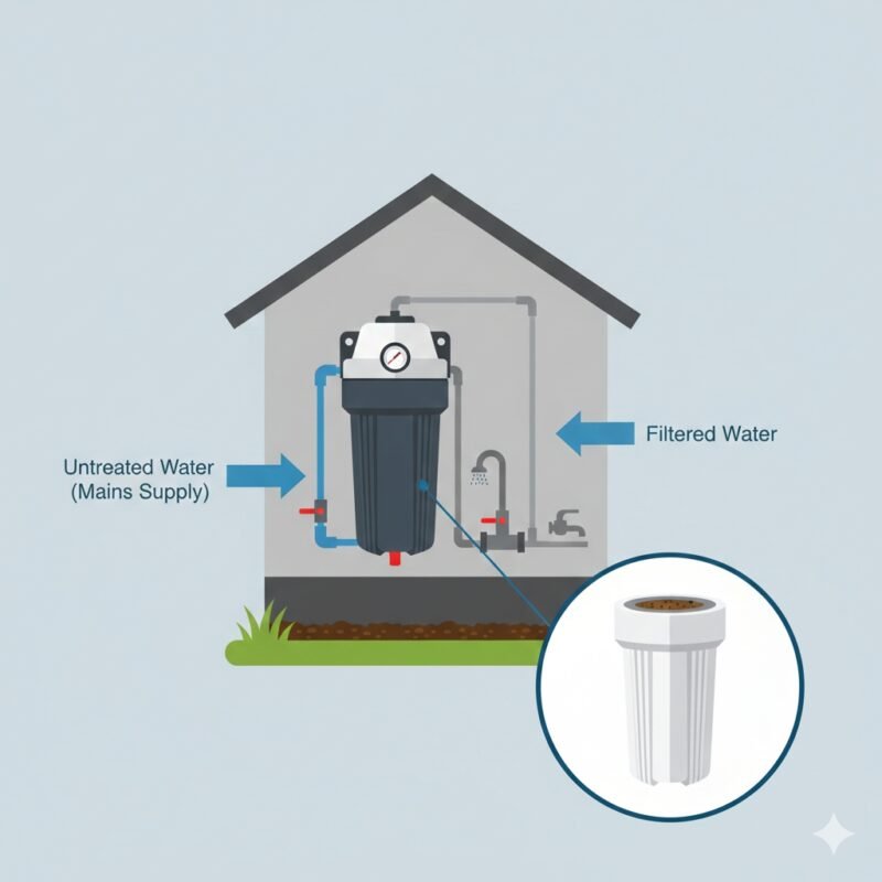 Diagram of an exterior whole house water filter showing how untreated mains water is purified. This PP cotton household water purifier company solution ensures clean water for showers, laundry, and kitchen.