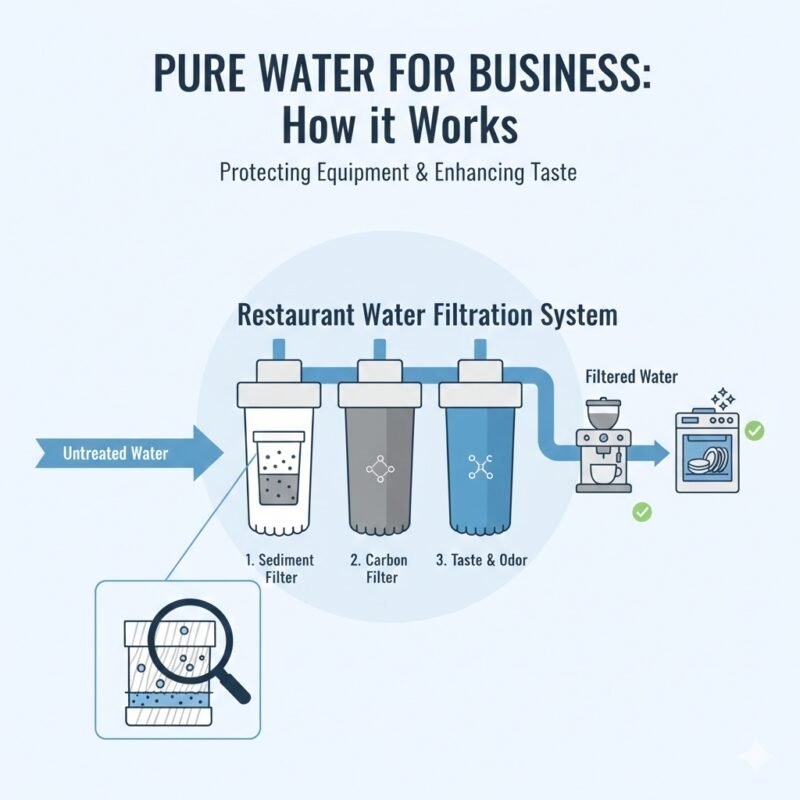 Infographic showing how a restaurant water filter system works in three stages. This solution from a professional PP cotton household water purifier company protects coffee makers and dishwashers from sediment and scale.