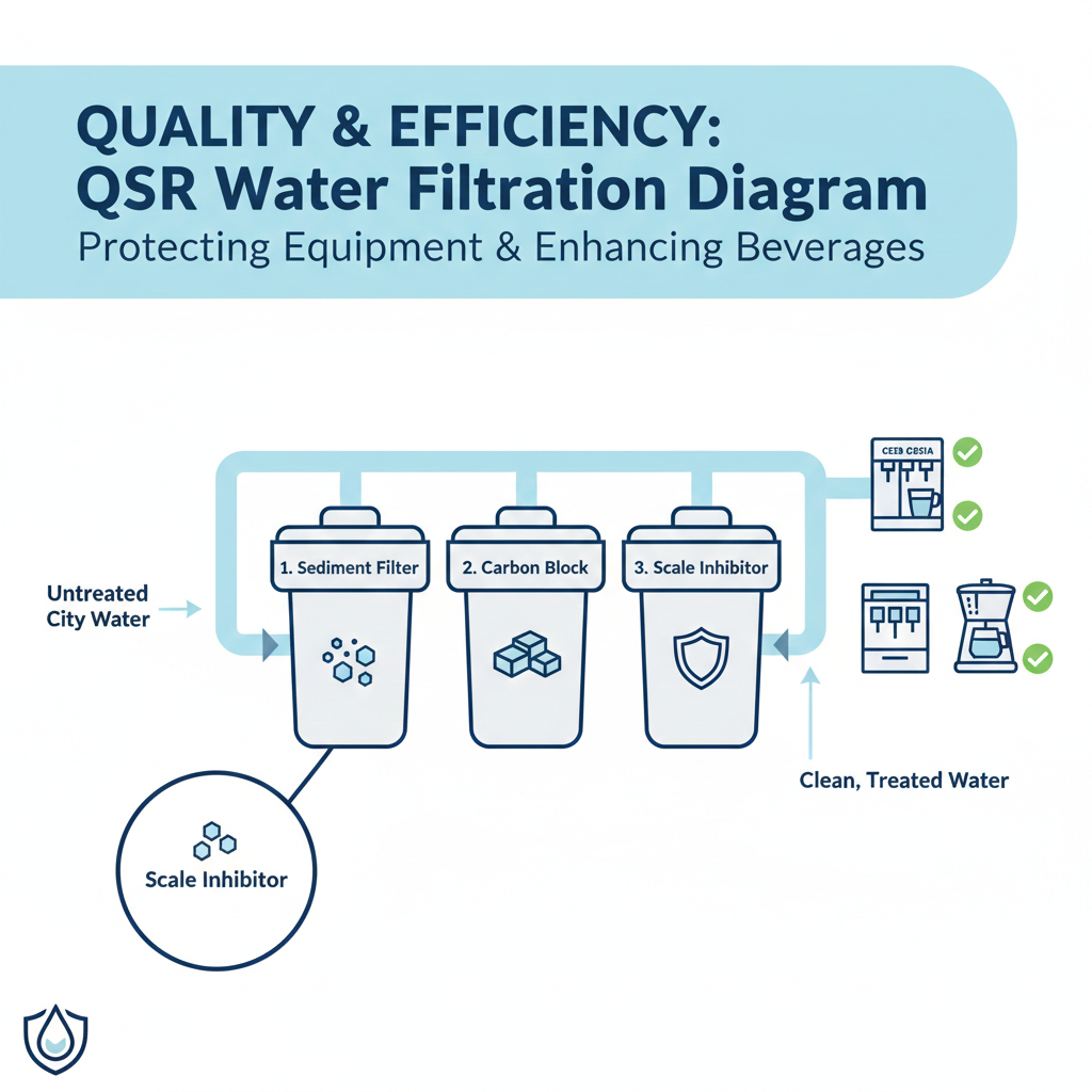 An infographic illustrating the 3-stage filtration process for QSR establishments. yourwatergood systems use advanced sediment and scale inhibitors to keep soda fountains and coffee machines running efficiently.