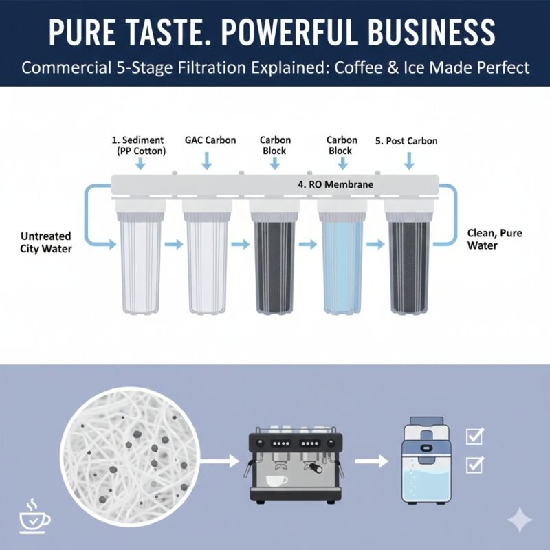 Compact commercial point of use water filter systems installed in a specialty cafe, providing sediment-free water for a premium espresso machine.