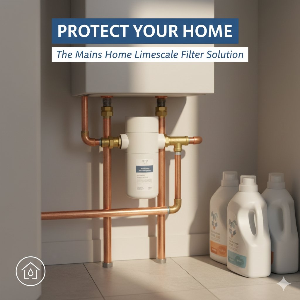A professional mains limescale filter installed under a sink to protect home appliances. As a leading yourwatergood company, we offer effective solutions to prevent scale buildup in your pipes and water heaters.