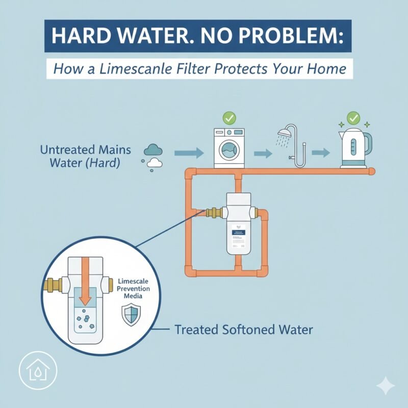 Diagram showing how a mains limescale filter treats hard water for laundry and kitchen use. This solution from a yourwatergood company ensures softened water to extend the life of your household equipment.