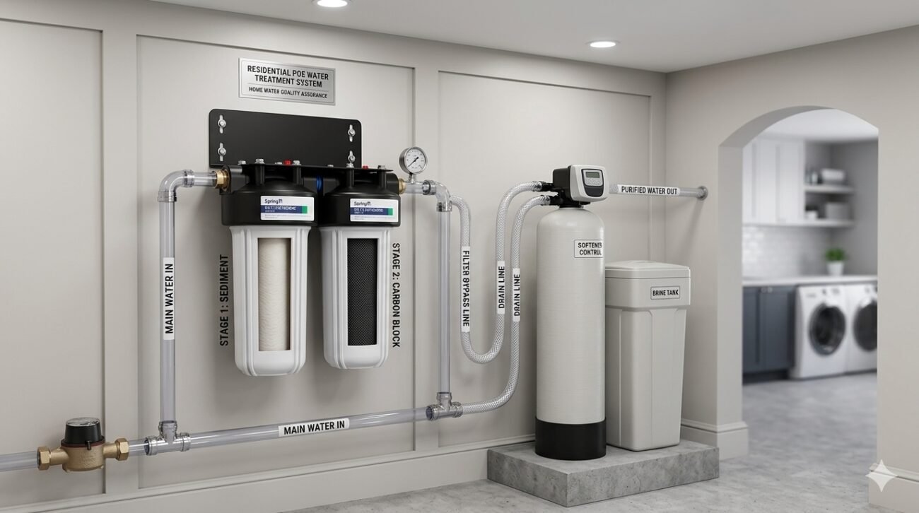 Professional residential installation of a point of entry water filtration system home featuring a 2-stage sediment and carbon block filter housing connected to a smart central water softener with clear labeling of main water in and purified water out.