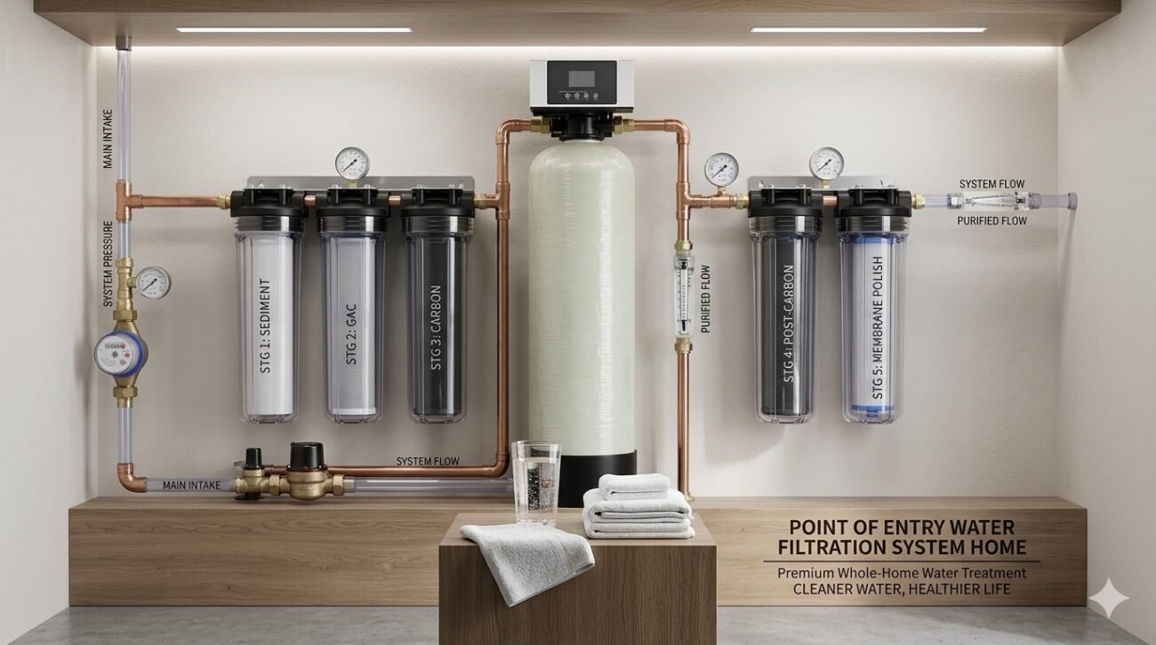 Comprehensive point of entry water filtration system home setup in a modern utility room showing multi-stage pre-filtration housings, a large central softening tank, and copper piping for premium whole-home water treatment.