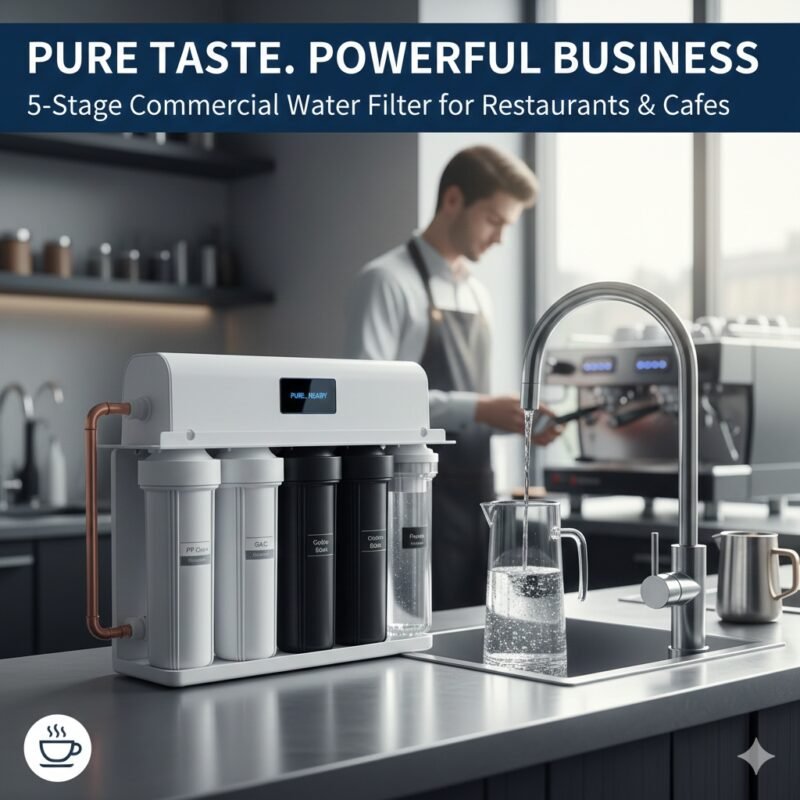 A 5-stage point of use water filter system installed in a modern cafe. yourwatergood offers high-performance commercial filtration to ensure pure water for espresso machines and professional kitchens.