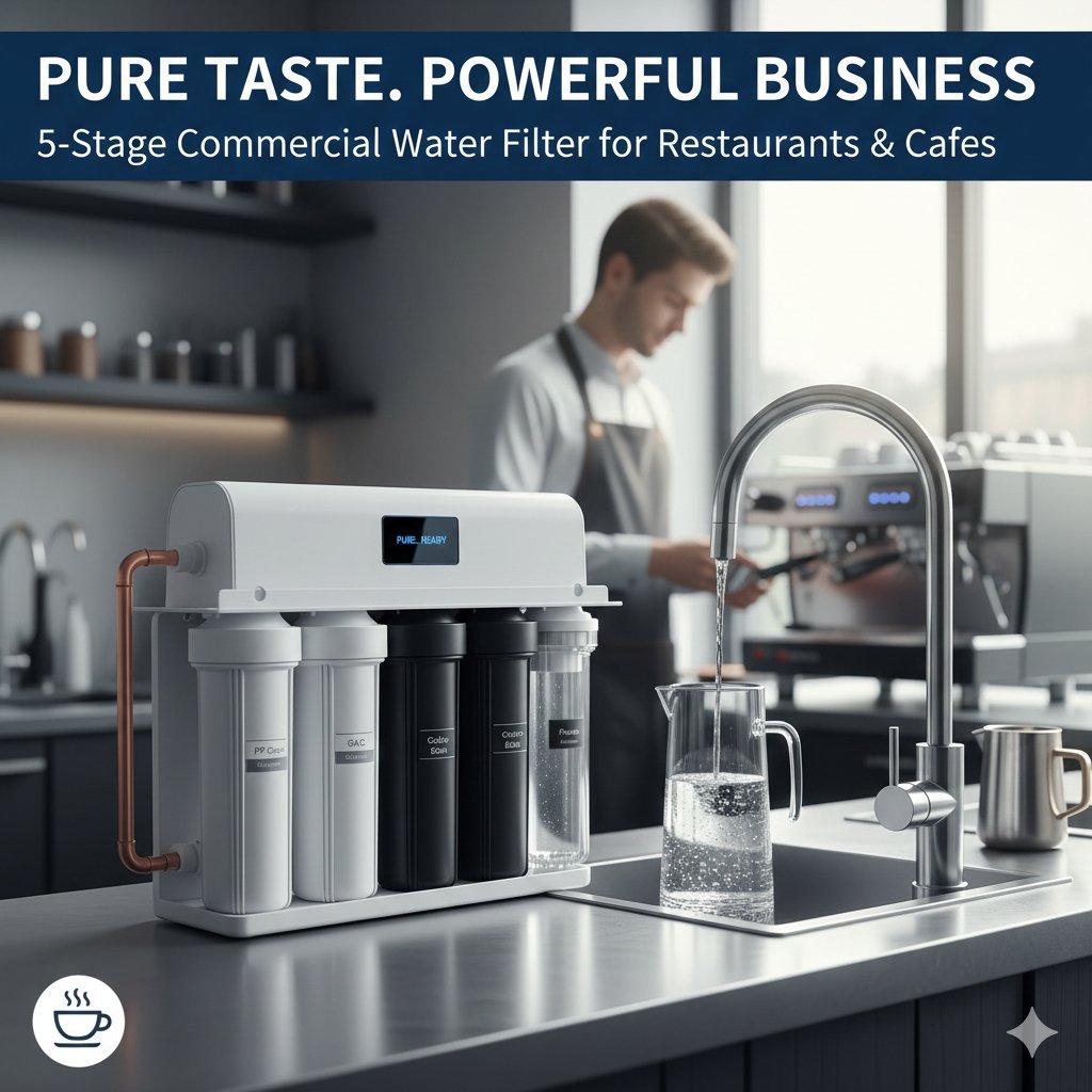 A 5-stage point of use water filter system installed in a modern cafe. yourwatergood offers high-performance commercial filtration to ensure pure water for espresso machines and professional kitchens.