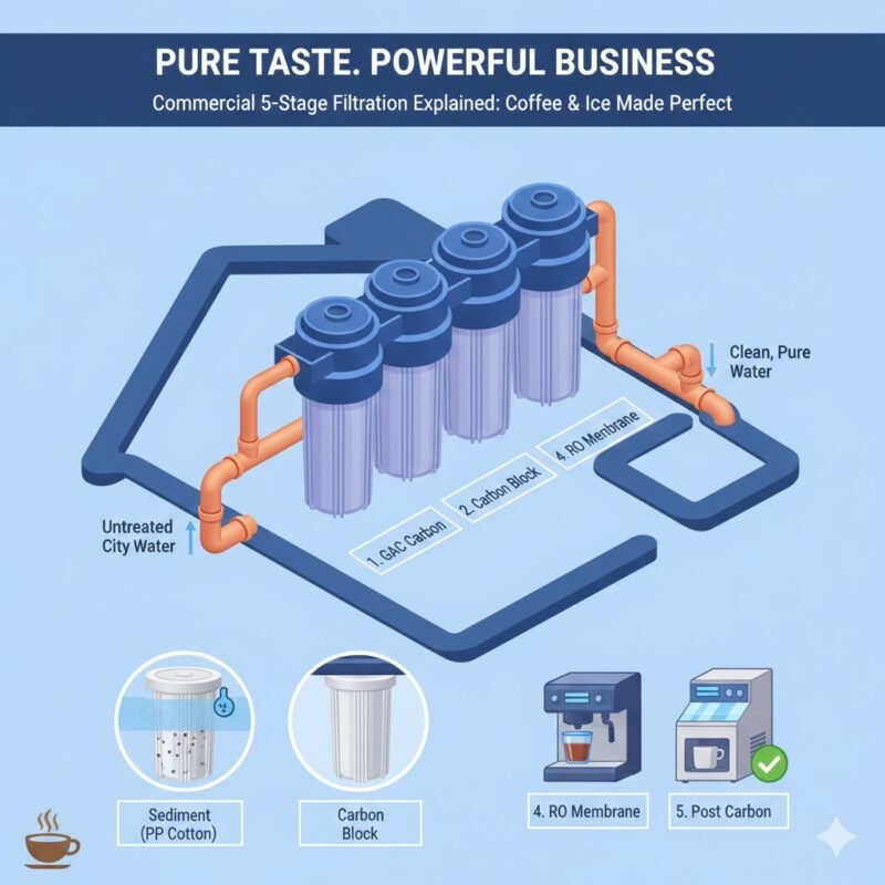 3D illustration of a point of use water filter layout for businesses. yourwatergood commercial systems combine sediment removal and carbon blocks to protect equipment and enhance beverage flavor.
