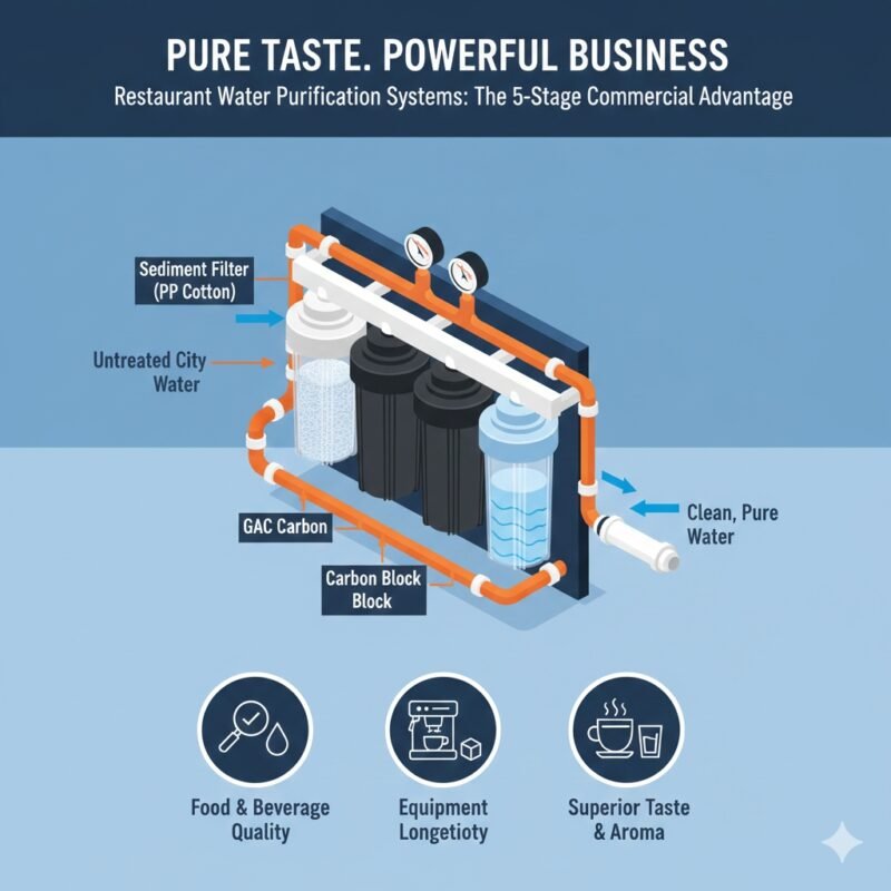 A comprehensive restaurant water purification systems layout. yourwatergood multi-stage filtration features high-density PP cotton to ensure food and beverage quality and long-term equipment protection.