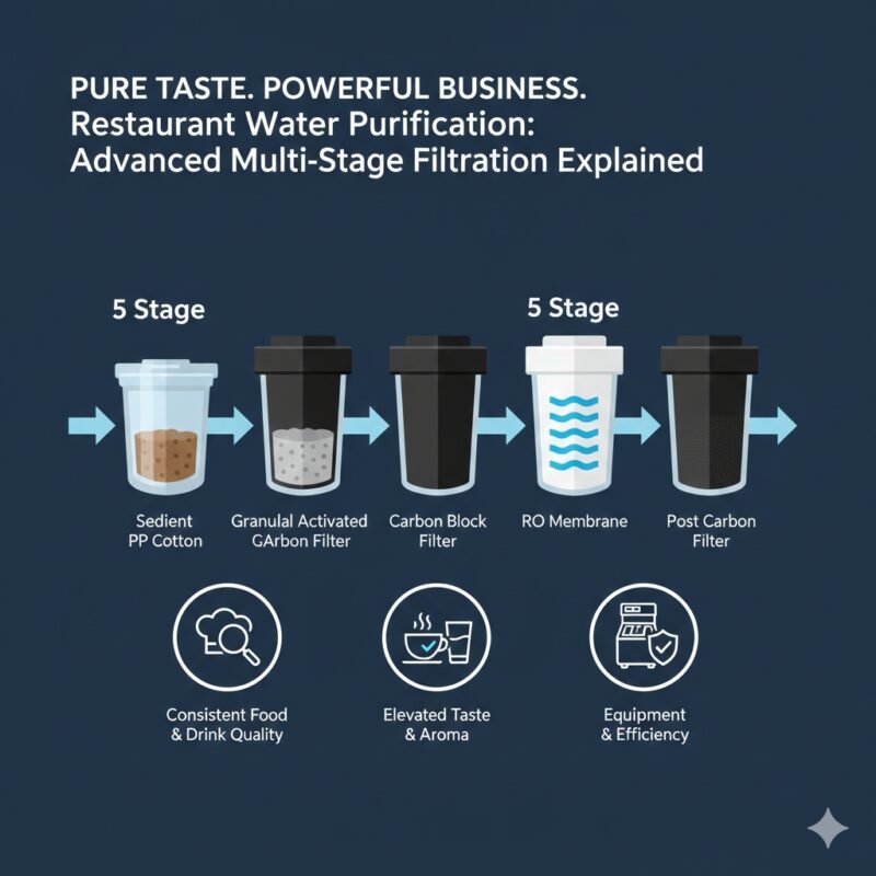Technical breakdown of a 5-stage restaurant water purification system. yourwatergood utilizes advanced RO membranes and carbon blocks to deliver elevated taste and aroma for professional kitchens.