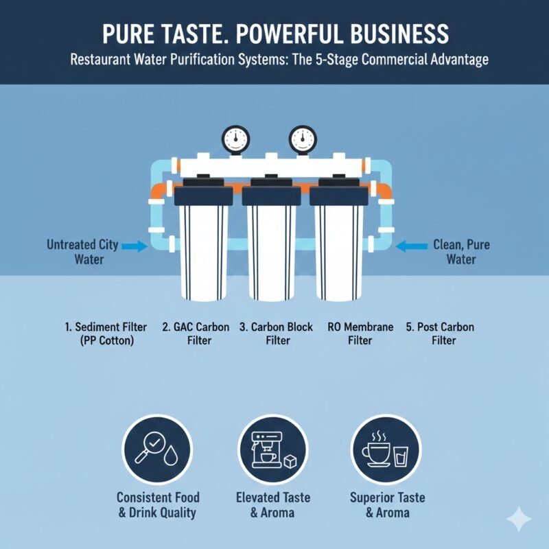 Professional restaurant water purification systems illustration. yourwatergood solutions provide consistent pure water for small businesses, from espresso machines to commercial dishwashers, using premium PP cotton pre-filters.