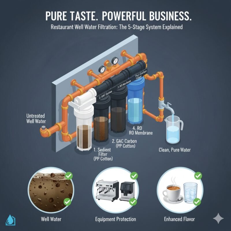 A 3D isometric diagram of a restaurant well water filtration system. yourwatergood multi-stage units use high-capacity PP cotton to remove heavy sediment and turbidity, ensuring consistent water quality for commercial kitchens.