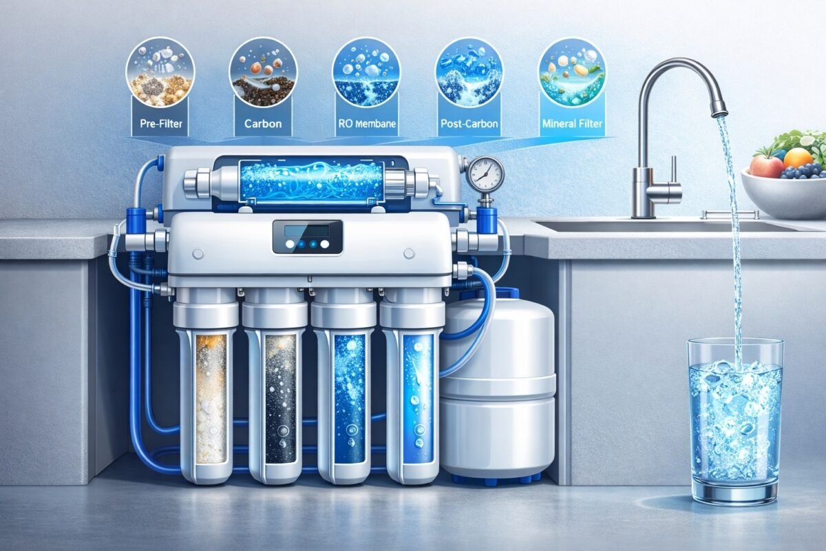 An under-sink small water purifier machine installation provided by a specialized pp cotton household water purifier company for restaurants.