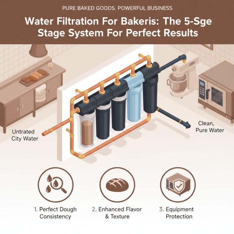A 5-stage water filtration for bakeries system shown in a bakery setting. yourwatergood systems ensure perfect dough consistency and protect commercial ovens from scale buildup with high-efficiency PP cotton filters.
