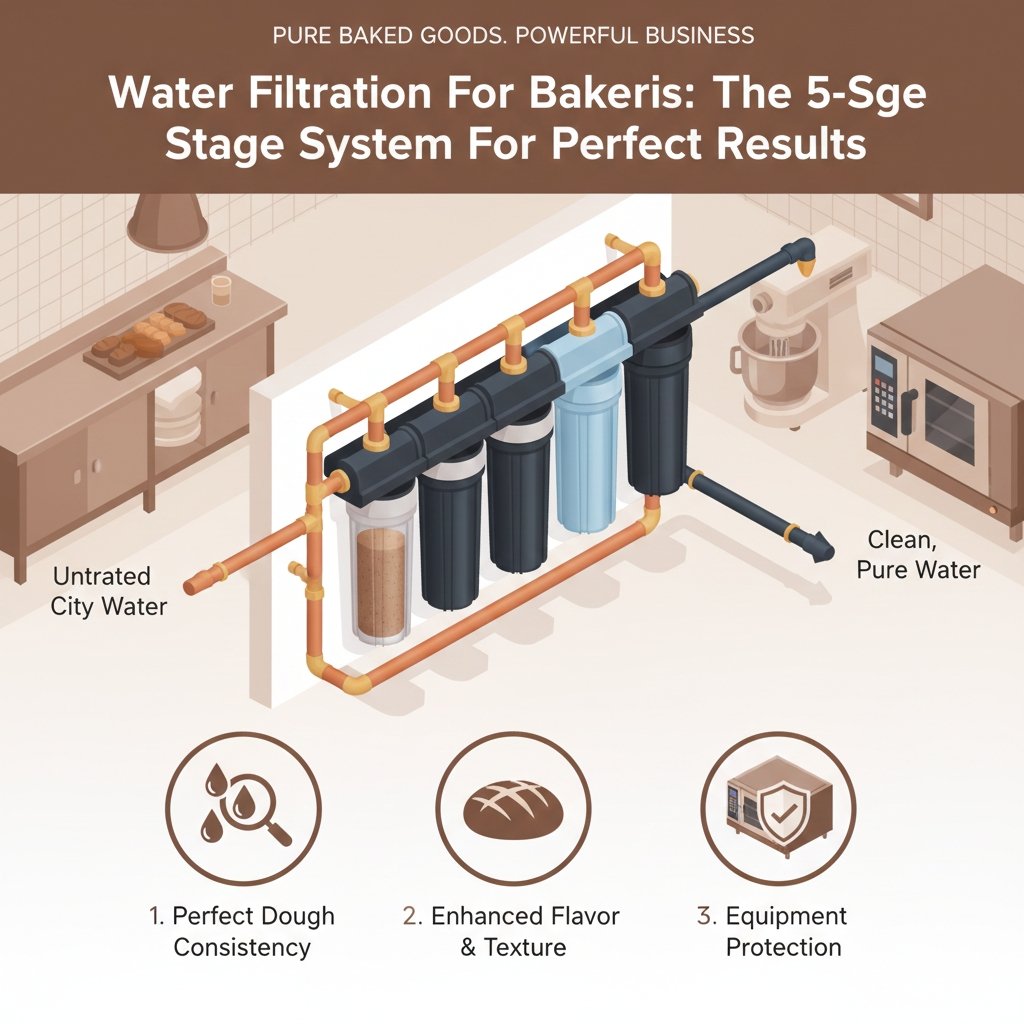A 5-stage water filtration for bakeries system shown in a bakery setting. yourwatergood systems ensure perfect dough consistency and protect commercial ovens from scale buildup with high-efficiency PP cotton filters.