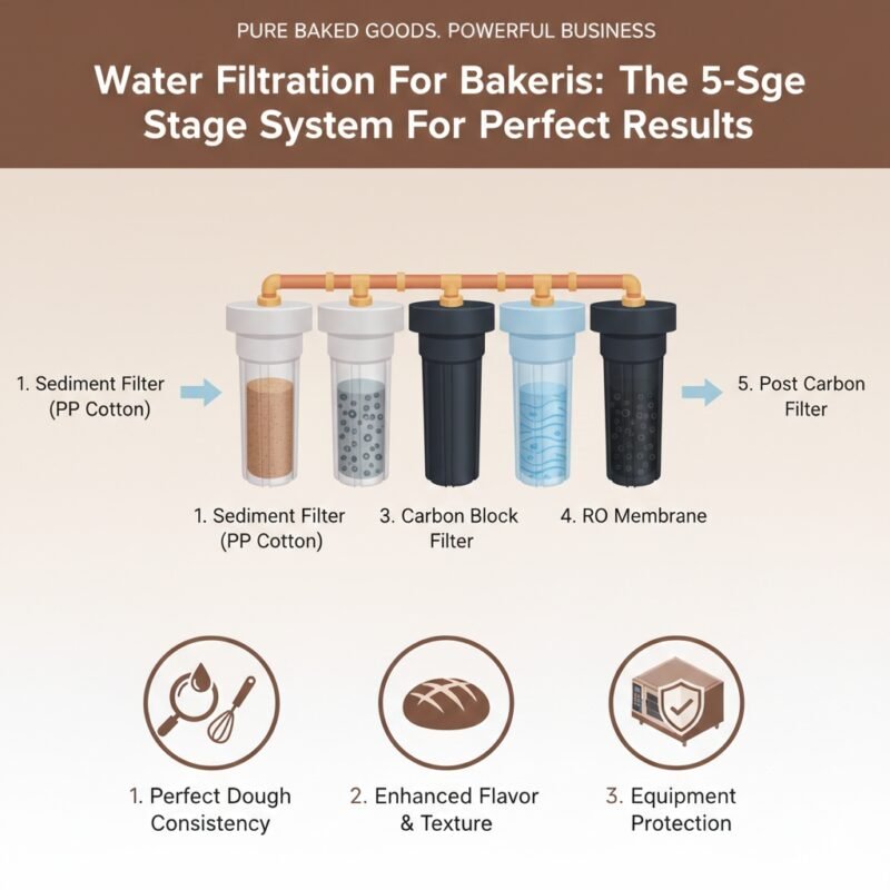 Technical diagram of a bakery water filter process. yourwatergood 5-stage filtration uses RO membranes and carbon blocks to remove chlorine and impurities, enhancing the natural flavor and texture of baked goods.