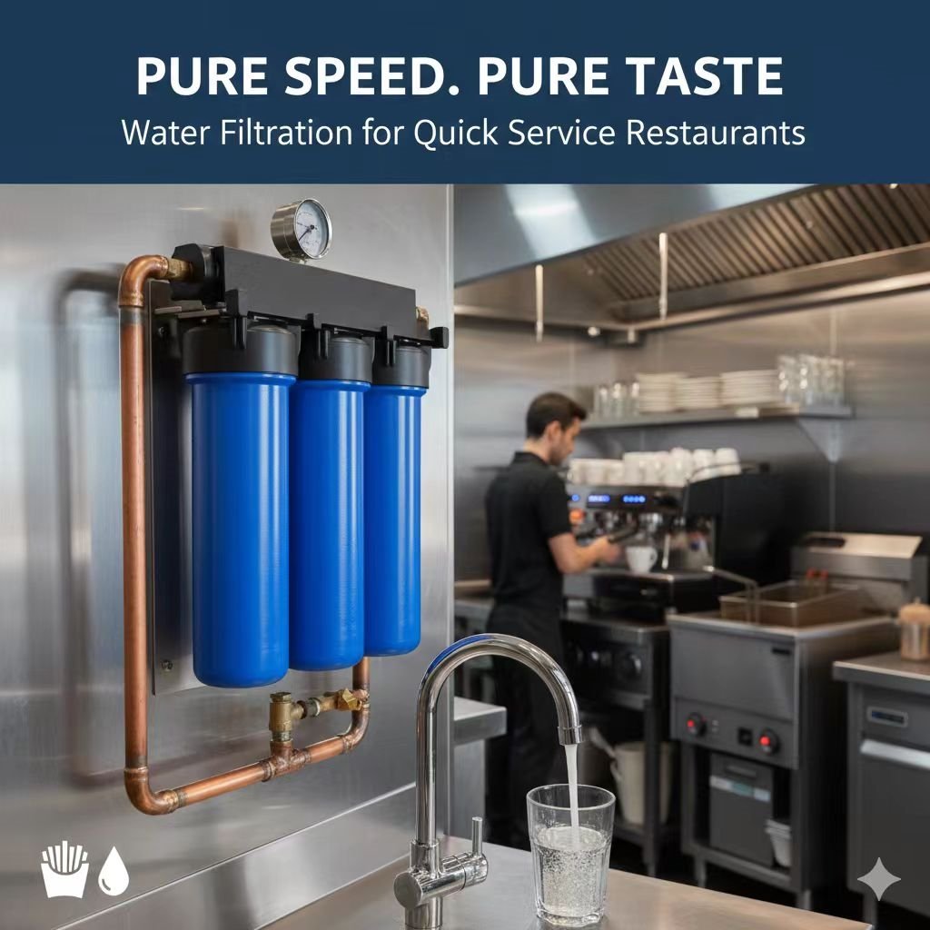 A high-flow commercial water filtration system installed in a busy quick service restaurant kitchen. yourwatergood provides specialized sediment and chlorine removal to ensure consistent beverage taste and equipment protection.