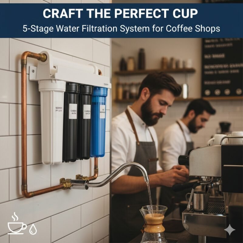 A professional 5-stage water filtration system for coffee shop installation. yourwatergood ensures the highest water purity to protect espresso machines and craft the perfect cup of coffee.