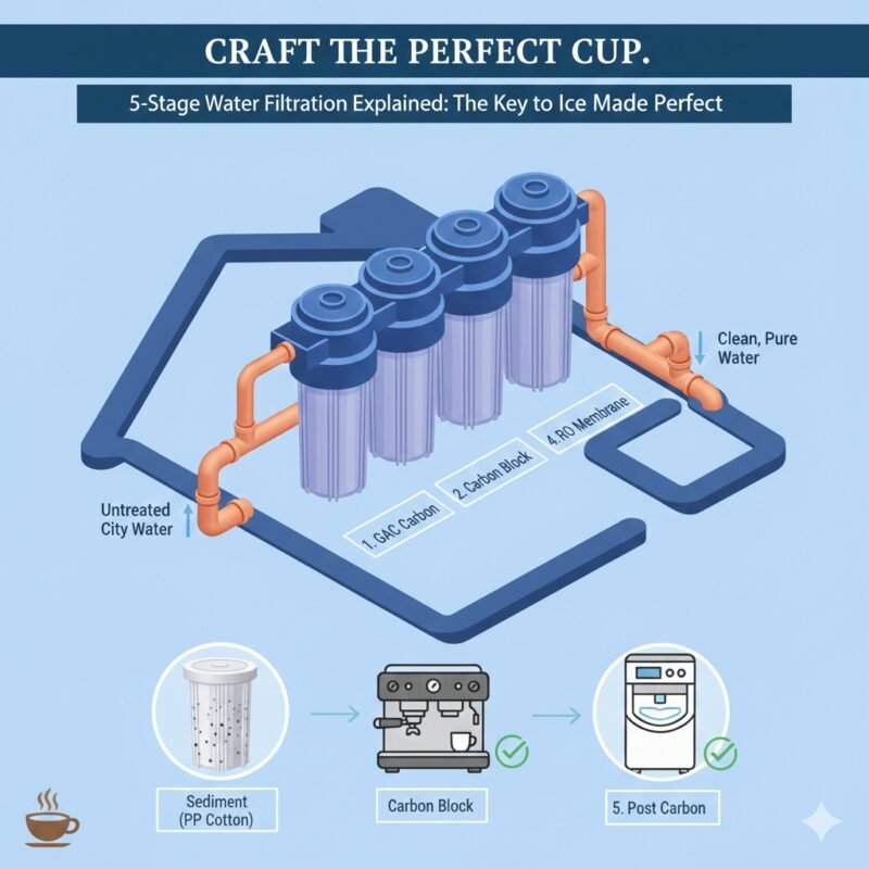 Technical 3D layout of a coffee shop water treatment solution. yourwatergood 5-stage systems provide sediment-free and scale-free water for espresso makers and commercial ice machines.