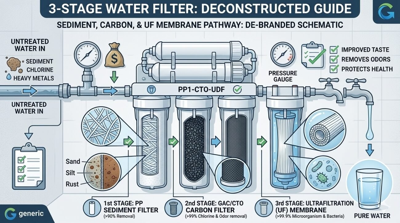 A deconstructed guide to the yourwatergood 3 stage water filter. This diagram illustrates the complete purification pathway: the 1st stage high-density PP cotton filter for sediment, the 2nd stage carbon filter for odors, and the 3rd stage UF membrane for pure drinking water.
