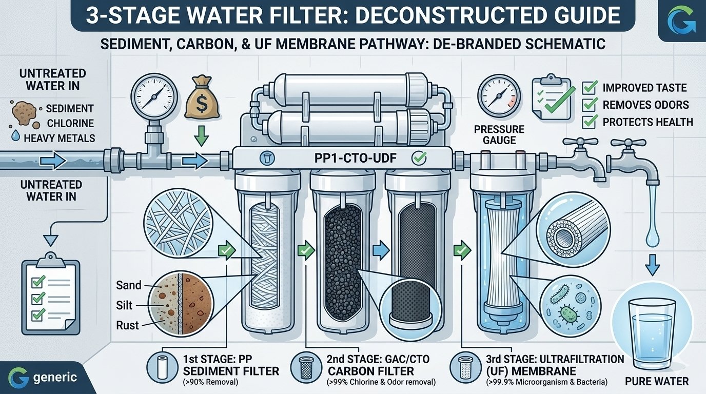 A deconstructed guide to the yourwatergood 3 stage water filter. This diagram illustrates the complete purification pathway: the 1st stage high-density PP cotton filter for sediment, the 2nd stage carbon filter for odors, and the 3rd stage UF membrane for pure drinking water.