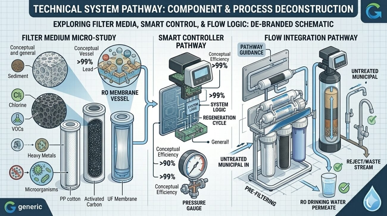 Technical system pathway of a professional 3 stage water filter by yourwatergood. Detailed view of filter media micro-study including PP cotton performance, smart control logic, and integration with RO drinking water systems for maximum efficiency.