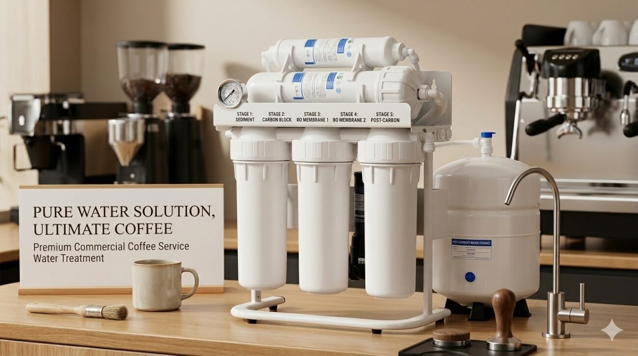 Professional under-counter setup showcasing a powerful clean water solution for commercial coffee service with a 5-stage stand-mounted RO water purifier system and a large storage tank next to a premium espresso machine.