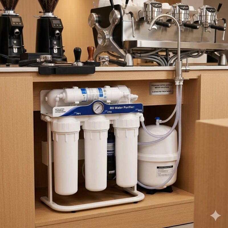 High-definition, integrated setup view of the complete clean water solution for commercial coffee service, showing the specific 5-stage stand-mounted RO water purifier system, the pressure storage tank, and the gooseneck faucet active on a premium wooden coffee bar counter.