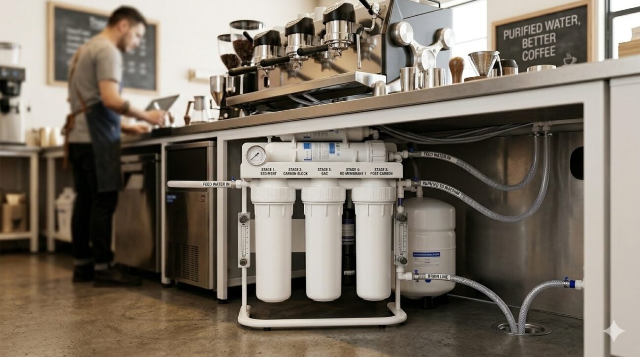 Technical behind-the-scenes view of an integrated clean water solution for commercial coffee service, featuring the 5-stage reverse osmosis filtration system with clear water lines, pressure gauges, and a storage tank directly connected to a high-end coffee maker.