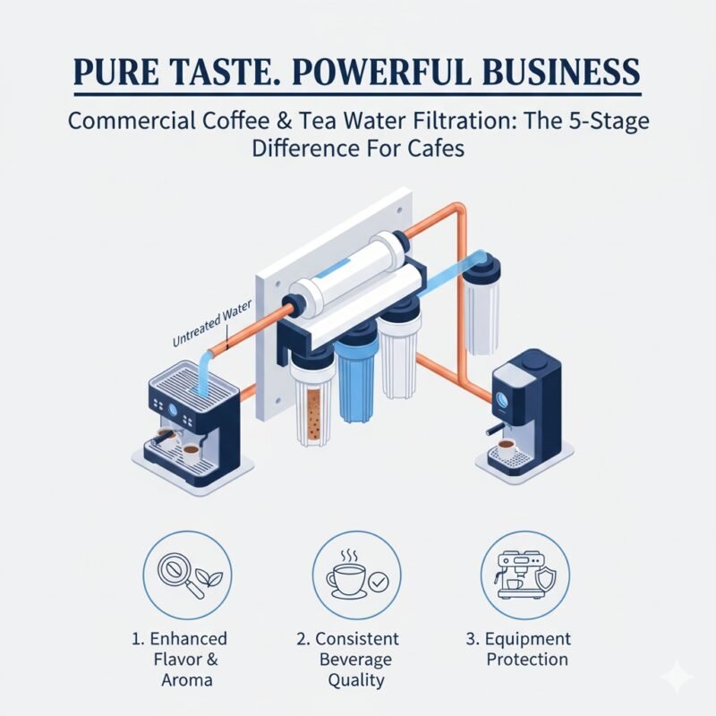 Commercial coffee and tea water filtration system by yourwatergood. This 5-stage setup features high-quality PP cotton to protect espresso machines from sediment while enhancing beverage flavor and aroma.