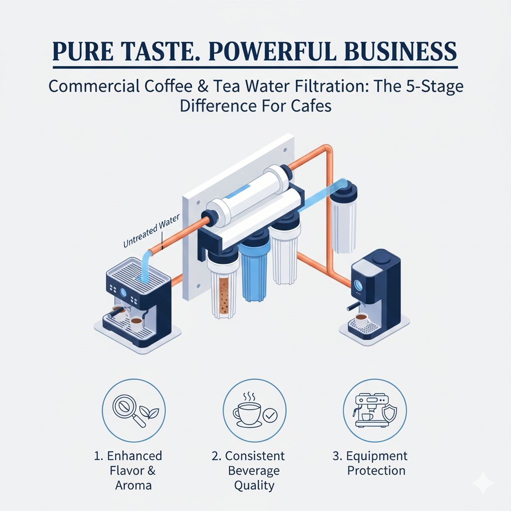 Commercial coffee and tea water filtration system by yourwatergood. This 5-stage setup features high-quality PP cotton to protect espresso machines from sediment while enhancing beverage flavor and aroma.