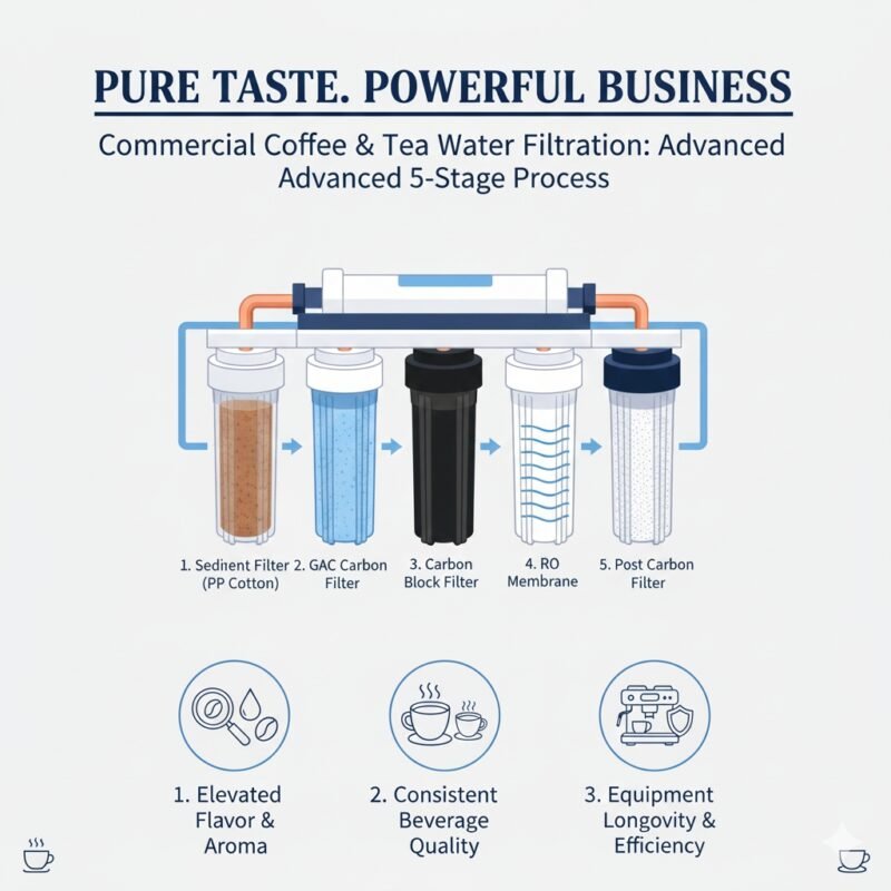 Technical diagram of a 5-stage commercial coffee and tea water filtration process. yourwatergood's multi-step system uses advanced PP cotton and carbon blocks to ensure consistent water quality for professional brewing.