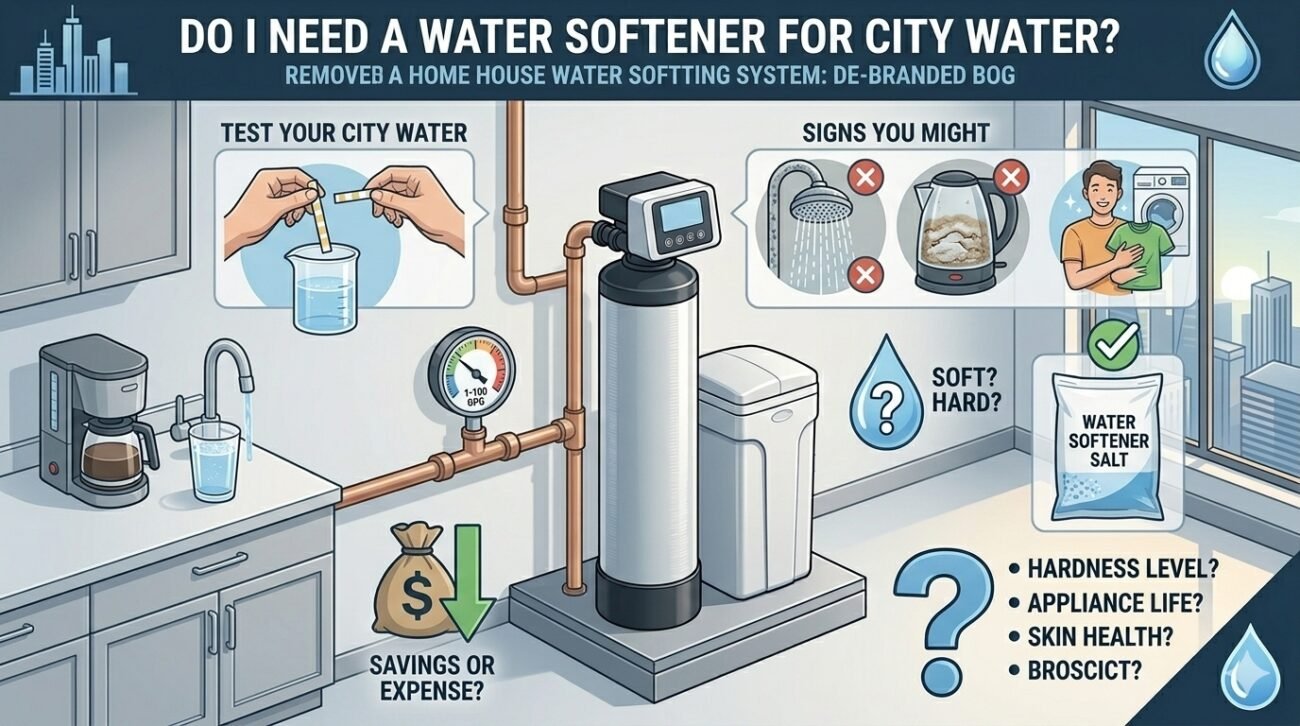 Helping homeowners decide "do i need a water softener for city water" with a visual guide by yourwatergood. The image shows city water testing strips and common hard water signs like scale in kettles, highlighting how a softening system can save money and protect skin.