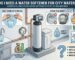 Helping homeowners decide "do i need a water softener for city water" with a visual guide by yourwatergood. The image shows city water testing strips and common hard water signs like scale in kettles, highlighting how a softening system can save money and protect skin.