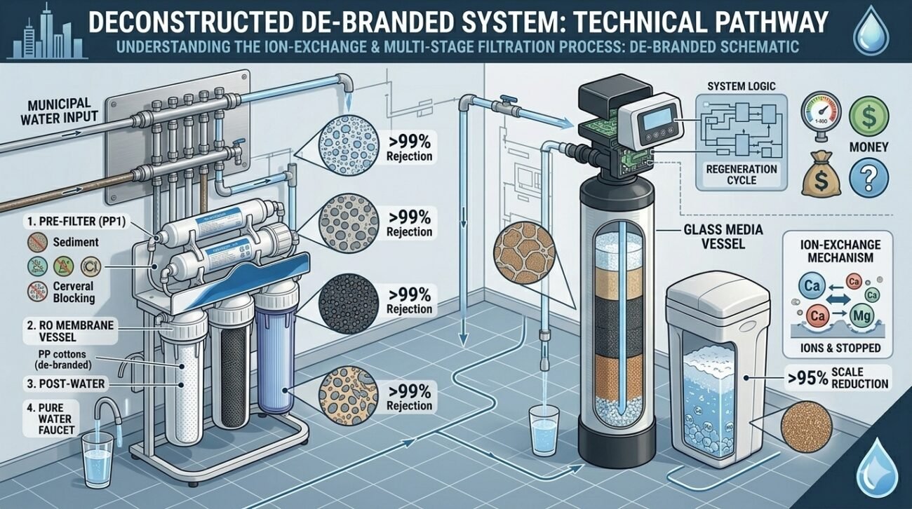A detailed technical pathway by yourwatergood answering "do i need a water softener for city water." This deconstructed system features multi-stage filtration with high-density PP cotton to remove sediments and chlorine before the ion-exchange process eliminates scale-causing minerals.
