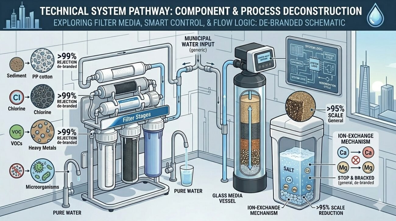 Technical deconstruction of how yourwatergood systems address the question: does a water filter help with hard water? Features a multi-stage process where PP cotton removes sediment before the ion-exchange resin eliminates calcium and magnesium.