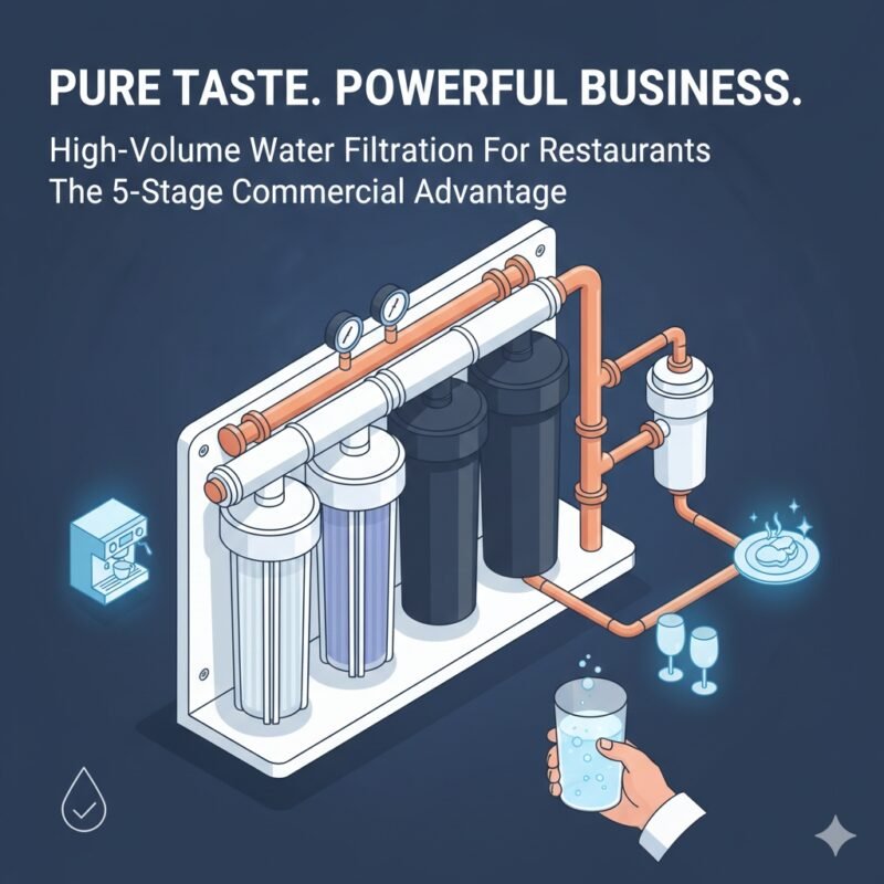High volume water filtration for restaurants system by yourwatergood. This 5-stage commercial unit uses industrial-grade PP cotton to handle heavy water usage while protecting coffee machines and kitchen appliances.