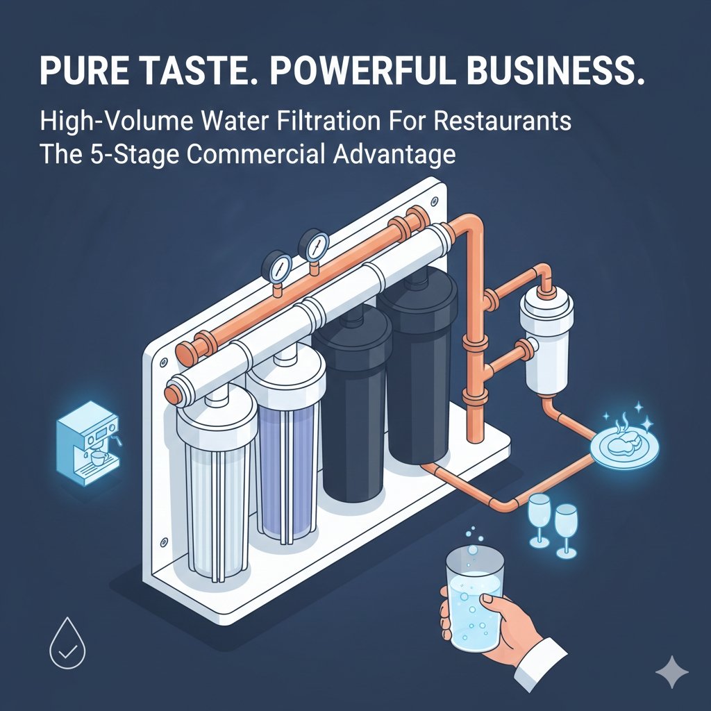 High volume water filtration for restaurants system by yourwatergood. This 5-stage commercial unit uses industrial-grade PP cotton to handle heavy water usage while protecting coffee machines and kitchen appliances.