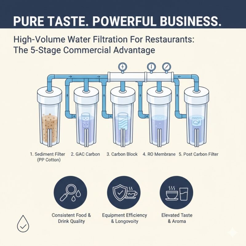 High volume water filtration for restaurants system by yourwatergood. This 5-stage commercial unit uses industrial-grade PP cotton to handle heavy water usage while protecting coffee machines and kitchen appliances.