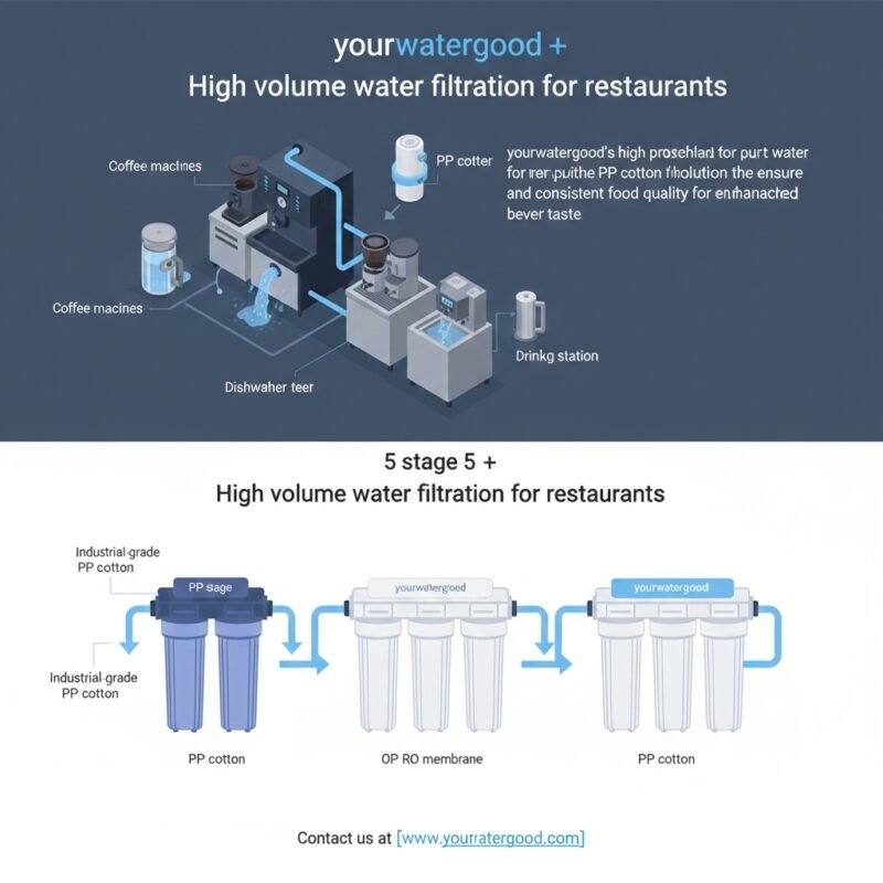 A technical diagram of high volume water filtration for restaurants. yourwatergood’s 5-stage process ensures consistent beverage taste and equipment longevity through advanced PP cotton and RO membrane technology.