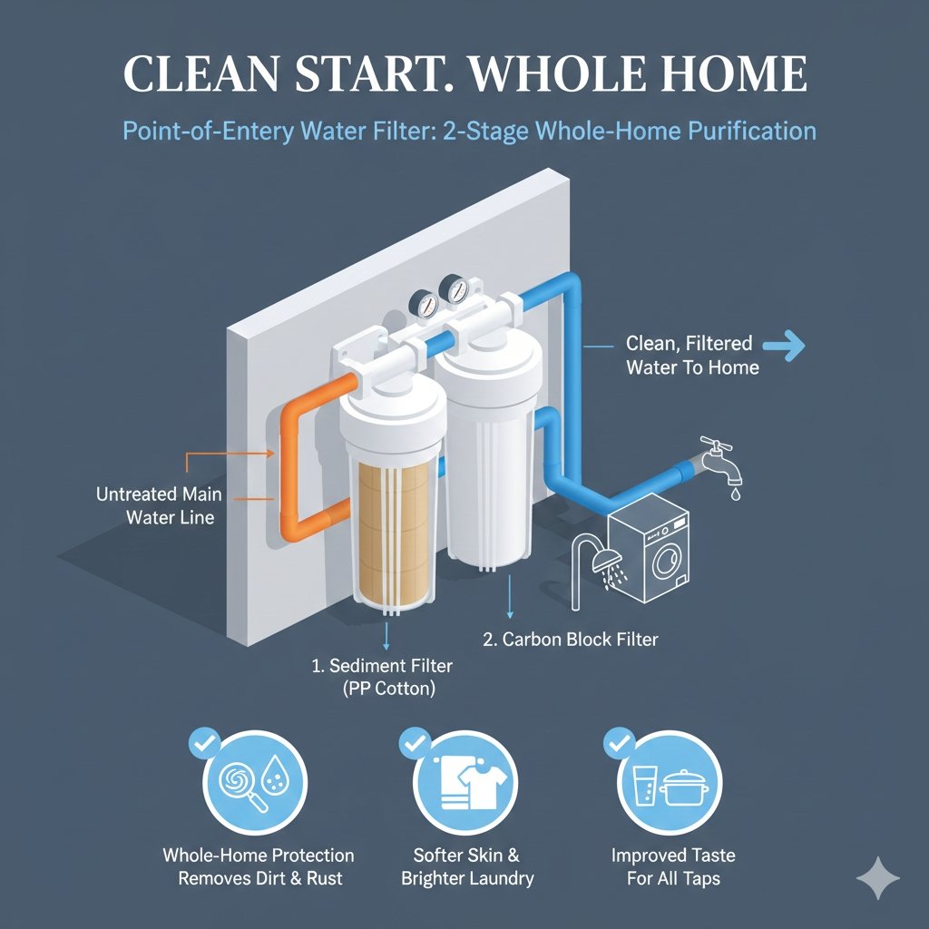 A 2-stage point of entry water filter system installed on the main water line. yourwatergood units use high-grade PP cotton to capture sediment and rust, protecting your entire home's plumbing and appliances.