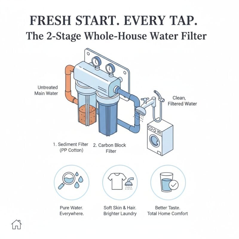 Illustrative guide for a 2-stage point of entry water filter. yourwatergood specializes in efficient filtration solutions that remove chlorine and odors at the source, ensuring a fresh start for every tap in your home.
