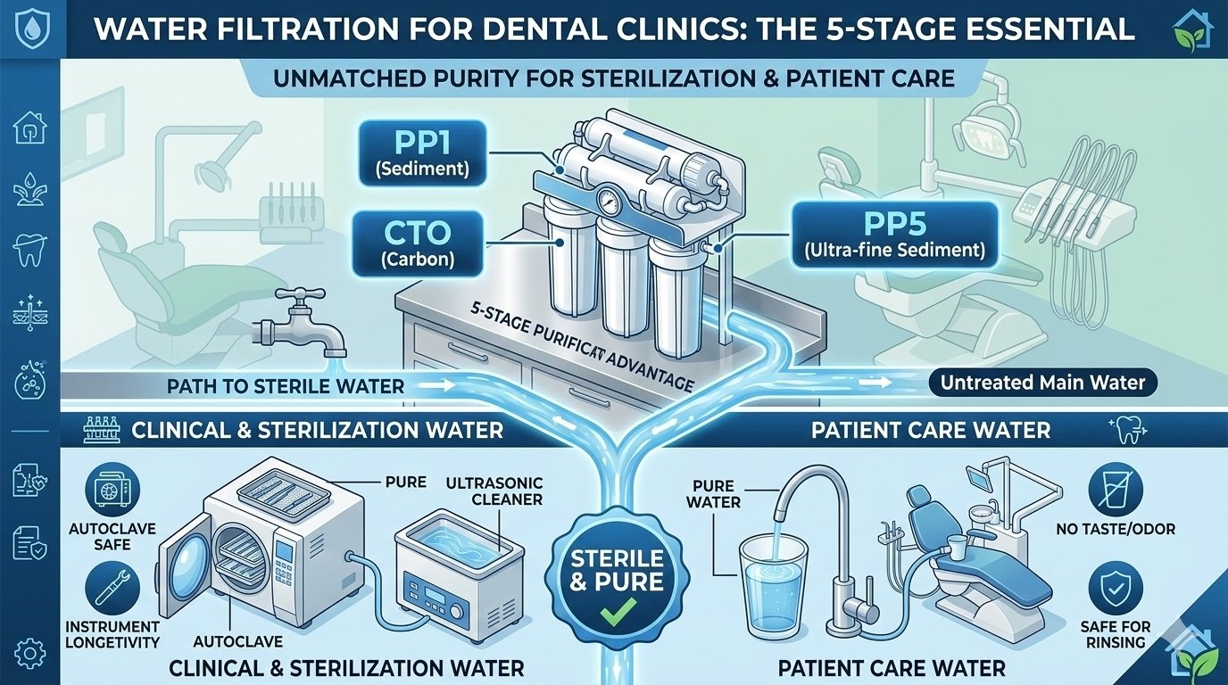 Technical principle of yourwatergood water filtration for dental clinics. Detailed view of the 5-stage RO process, showing how PP cotton pre-filtration and the RO membrane remove 99% of contaminants for clinical use.